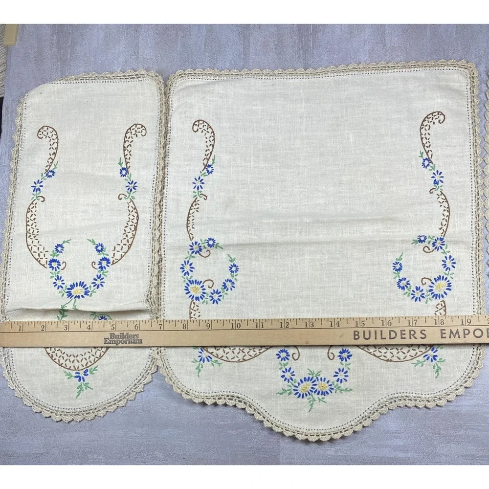 Vintage Beige Linen Embroidered Floral Couch Arm Covers Decor Crochet Set 3